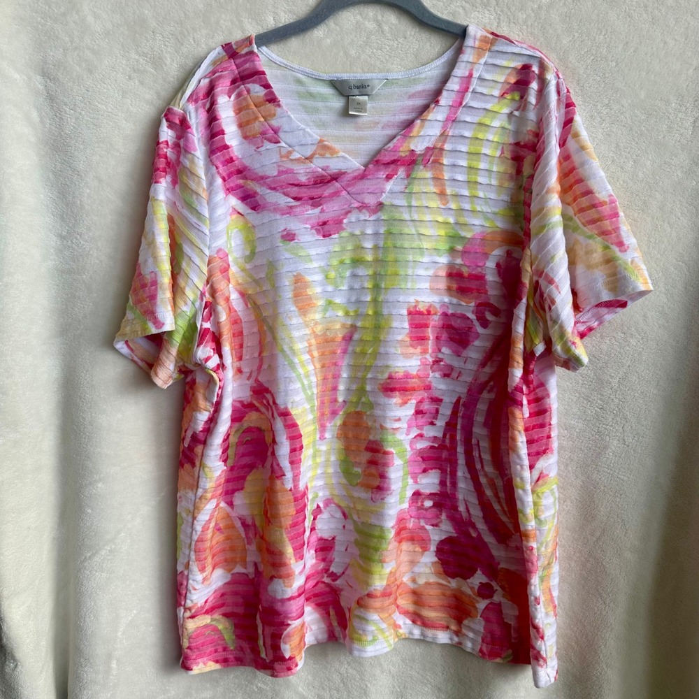 Christopher & Banks Pink Orange Floral Burnout V-Neck Tee Blouse 2X